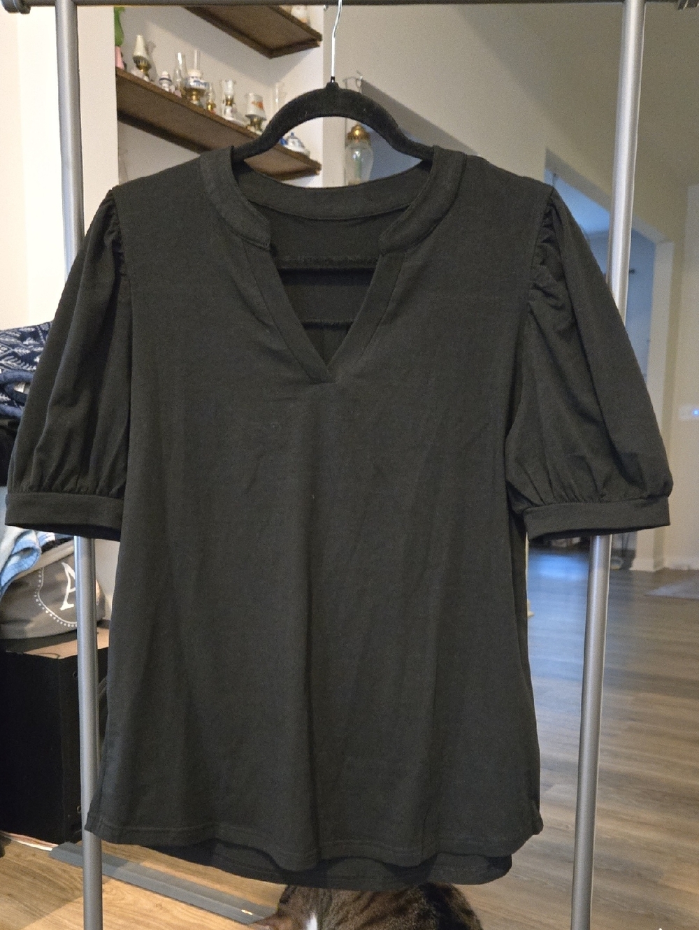 Women's Black Puff-Sleeve V-Neck Top
